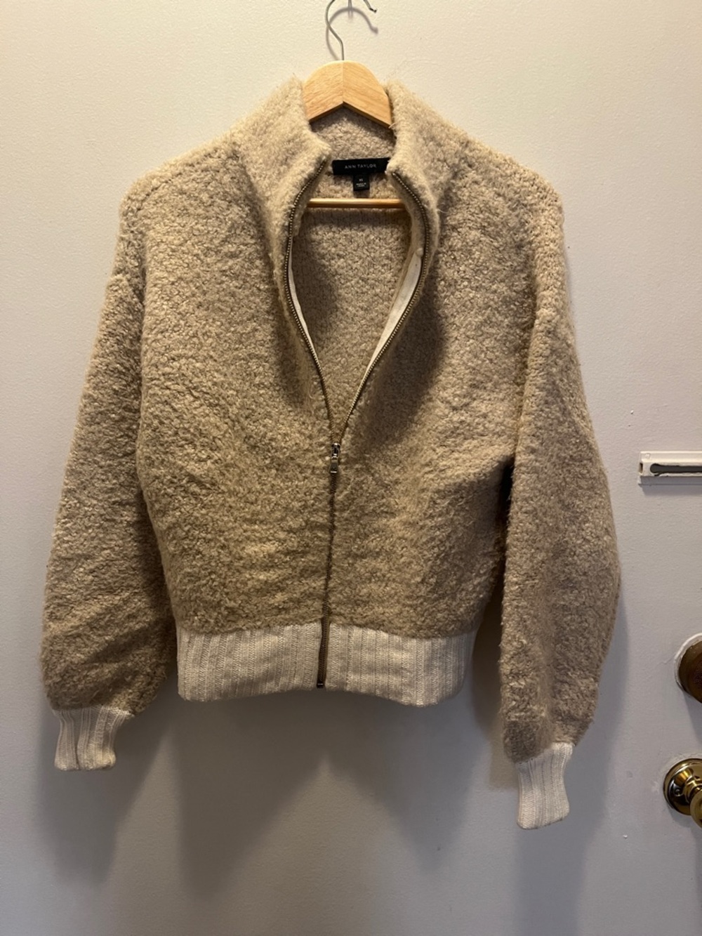 Ann Taylor Beige Teddy Zip-Front Jacket with Cream Rib Hem